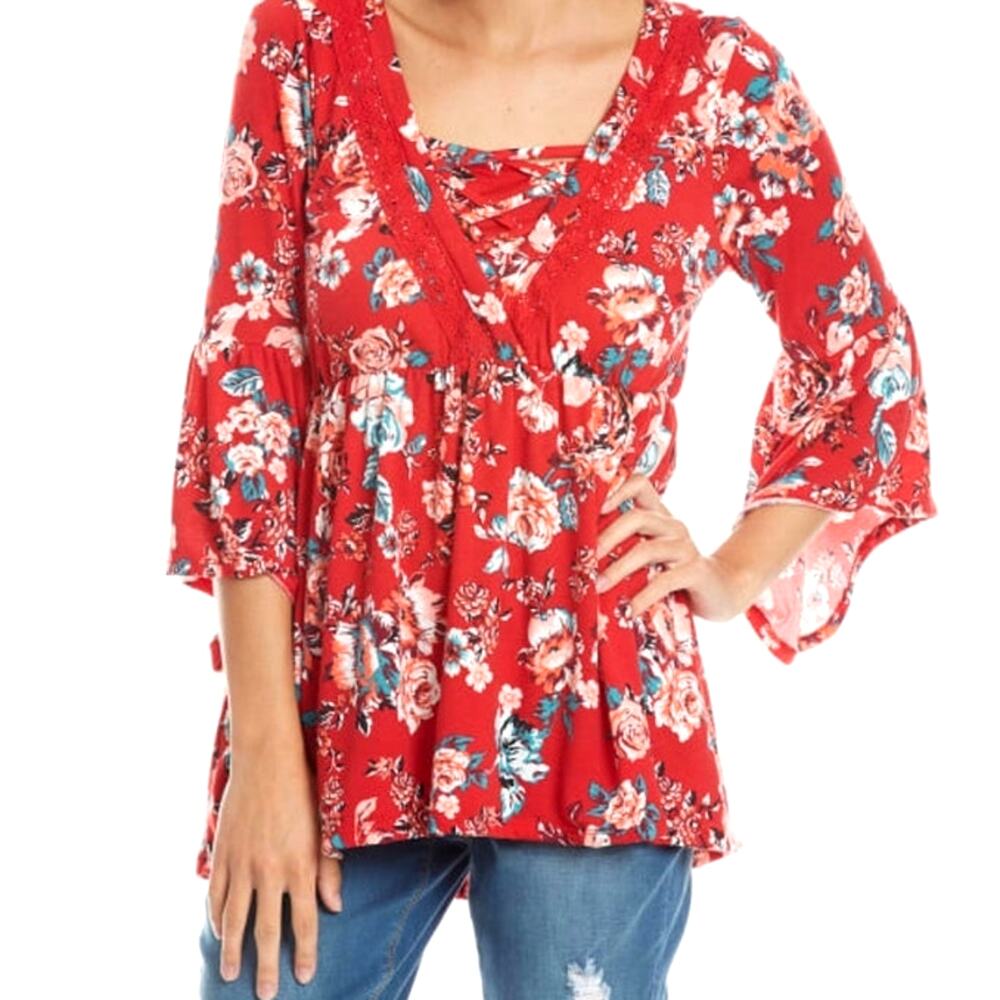 Red Floral Y2K Babydoll Ruffle Tunic Top M Flare Sleeves Boho Hippie Asymmetric